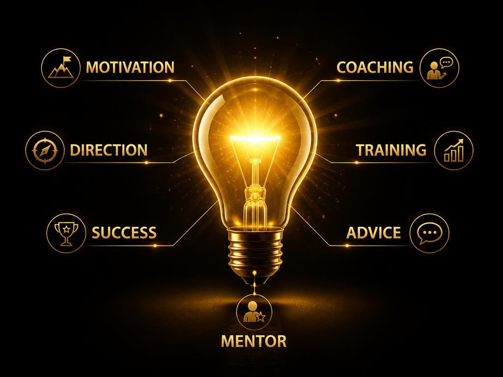 Mentoring concept with lightbulb and guidance words